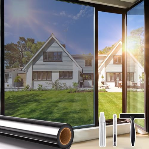 Beautysaid Window Film Privacy One Way Clear, Mirror Heat Reflective Window Security Tint Film Home, Anti Glare UV Sun Blocker Glass Door Covers, Static Cling See Out Not In (90x200cm, Silver)