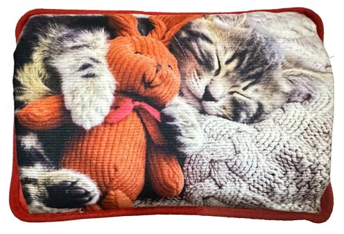 Borsa Acqua Calda Elettrica 500W con Morbida Fodera in Peluche, Temperatura Massima 75°C, Ideale come Scaldamani e Scaldapiedi, per Alleviare Dolori Muscolari, Dorsali e Mestruali(ROSSO-GATTOC)
