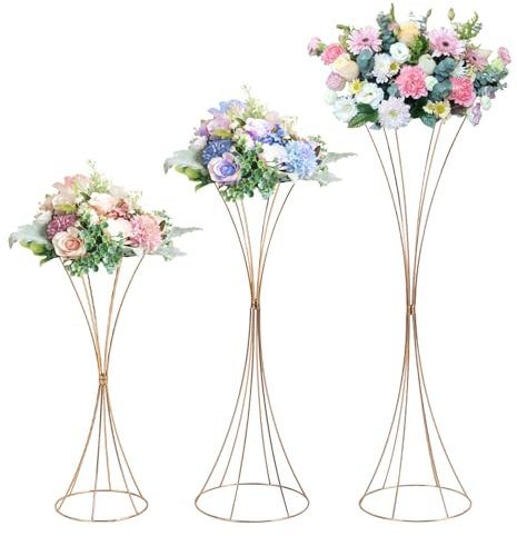 HuKaiL 3 Stück Gold Blumenständer Metall, Hochzeitsvase Blumensäule Sanduhrförmig, Goldvasen Säule Dekosäule Pflanzenständer für Hochzeit Herzstück Tische Wohnzimmer Cafe, 50/66/79cm