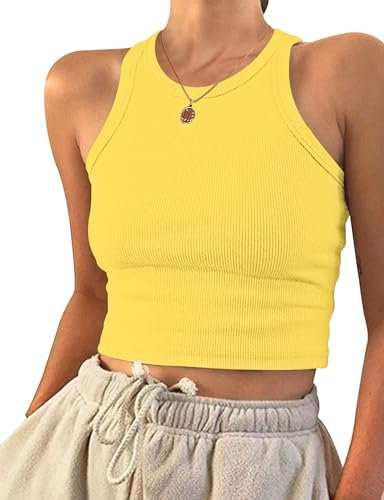PLOKNRD Crop Tops Femmes sans Manches Racerback Col Rond Débardeur Jaune XL