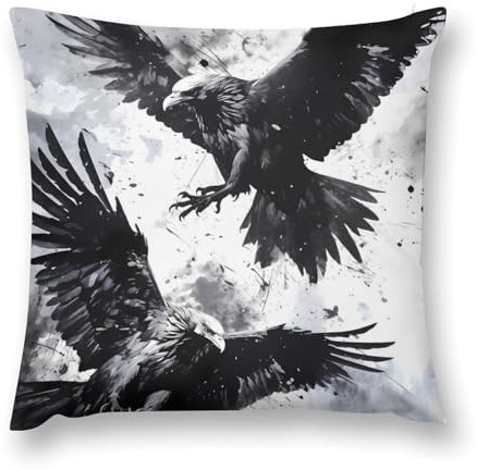 LDZDGD Wikinger-Kissenbezug – Dekor Aus Der Nordischen Mythologie mit Runen, Wikingerschiffen und Odins Raben-Design, Rustikaler Weicher Plüschkissenbezug für Sofa, Couch, Bett(Raven,50 x 50CM)