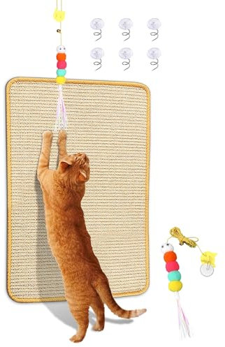 Alfombrilla rascadora de sisal para gatos, 2 paquetes de tela de sisal natural de 23.6 x 15.8 pulgadas, almohadilla para rascar gatos con bonito juguete de juego y clavos en espiral, rascadores de