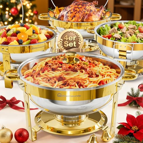 WARMOUNTS 4 Pack Chafing Dish Buffet Gold with Glass Lid 5L Set, Round Food Warmer for Catering Buffet with Lid Holder, Stackable Mirror-Polished Rolled-Rim Food-Grade Stainless Steel Chafer for Party