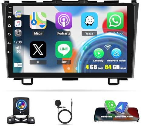4G+64G Carplay Radio Coche para Honda CRV 3 RE 2007-2011,Android 13 Pantalla de 9 Pulgadas con Navegador GPS Android Auto Bluetooth WiFi FM/RDS HiFi+ Cámara Trasera