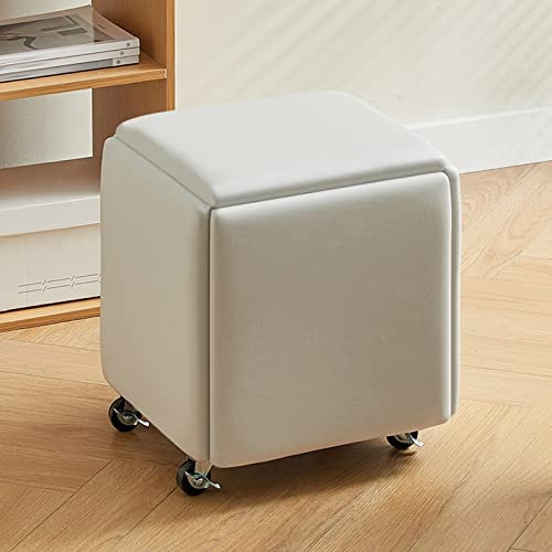 5-in-1 Stapelbares Würfelstuhl-Set, Leder-Fußhocker mit Rollen für Wohnzimmer, Schlafzimmer & Wohnzimmer, Ile, Beige Bank, 5er Set