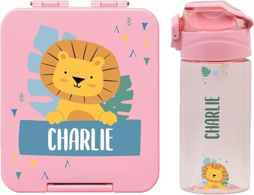 bienpegado – Set con botella personalizada para niños y fiambrera infantil con nombre de plástico – Botella con pajita de 450 ml – 100% libres de BPA (Rosa claro)