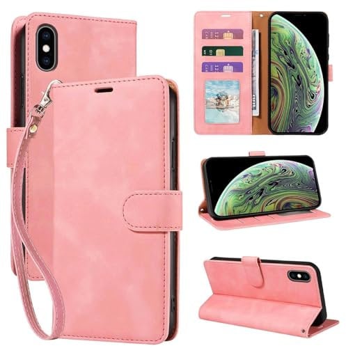 GOTOURED for iPhone X/XS Wallet Case, for iPhone 10 Phone Case, RFID Blocking 3 Card Slots Holder, Soft Leather Protective, Kickstand, Wrist Strap, Shockproof Folio Flip Cover (Pink)