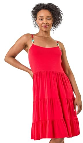 Roman Petite Beaded Strappy Tiered Dress for Women UK - Ladies Everyday Holiday Spring Summer Square Neckline Comfy Soft Evening Vacation Work Party - Petite Red - Size 14