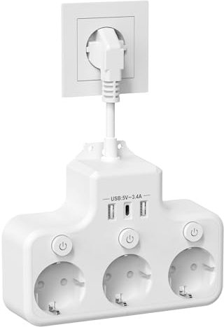 Steckdosenadapter mit USB, Doppelstecker für Steckdose, 6 in 1 Steckdosenverteiler mit Kabel für Büro, Hause, Reisen