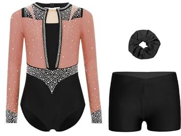 Yruioon 3Pcs Mädchen Turnanzug Glitzer Gymnastikanzug Langarm Gymnastik Leotard mit Shorts Haarband Tanzanzug Wettbewerb Tanzkostüm