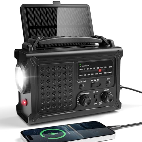 Mesqool Portable Wind up Radio, 5-Way Powered AM/FM Emergency Radio with 12000mAh Battery, Solar & Hand Crank Charging, IPX6 Water-Resistant, SOS Alarm, 5W Flashlight for Camping, Hiking, Black