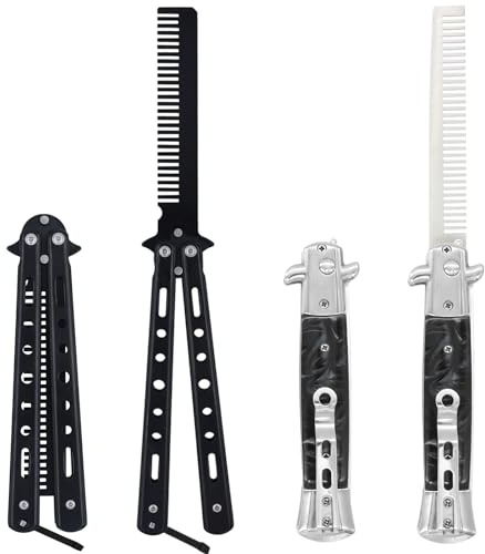 2 Pieces Folding Combs, Automatic Butterfly Comb, Pocket Comb for Hair & Beard Styling - Black