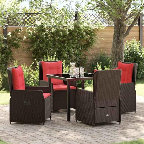 Qnhdfrt Poly-Rattan Gartenmöbel 5-Teilig Dining-Set Braun 4 Stühle verstellbare Armlehnen Gartentisch 150x90cm Modernes Design & Robust für Garten Terrasse Balkon