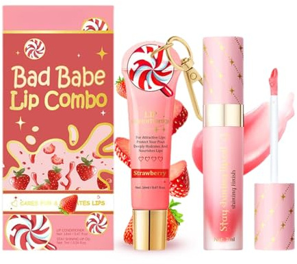 Erdbeere Lippenbalsam & Lip Oil,2Pcs Lippenpflege Set,Lipgloss Mädchen,Lippenpflege für Sehr Trockene Lippen,Glänzende Lippen,Christmas Geschenke für Teenager Mädchen,Frauen Geschenkset Weihnachten