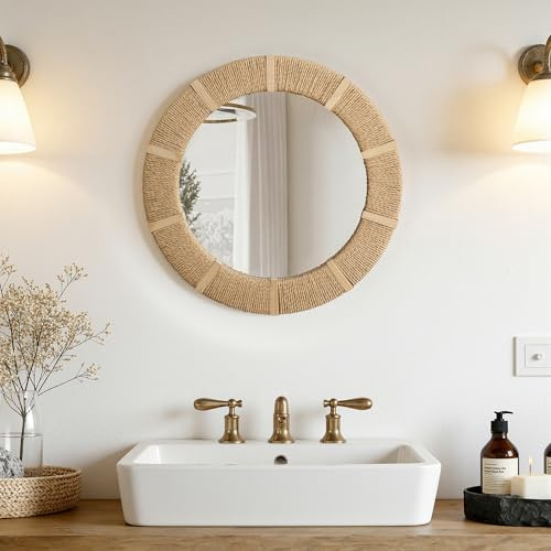 Hometopia Wandspiegel Rund 52cm – Boho Dekospiegel mit handgeflochtenem Rahmen – Wabi-Sabi Design Spiegel aus Papierstrick für Badezimmer, Flur & Wohnzimmer