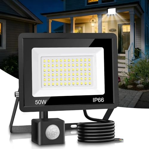 Hoysicy 50W Security Light Outdoor with Motion Sensor, 6500K, 4200LM, LED Floodlight with PIR Sensor, IP66 Waterproof, Super Bright, Ultra Thin for Garage, Porch, Hallway, Stairway