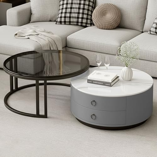 Generisch Couchtisch Rund Beistelltisch 2er Set Wohnzimmertisch Sofatisch | Moderner Satztisch 2er Set, 2 Ablageschubladen, Metallgestell, Transparentes Glas, Wohnzimmer Balkon Büro