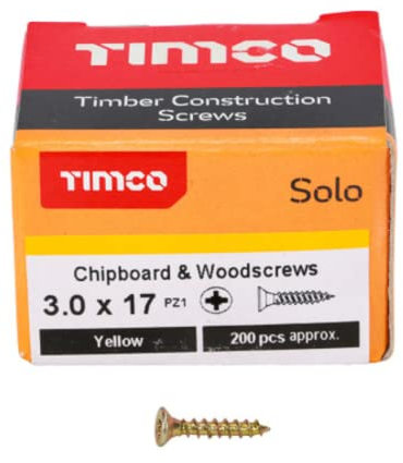 TIMCO Solo Chipboard & Woodscrews - Gold - 3.0 x 17 - Box of 200 - A single thread woodscrew mainly used in various types of timber and man-made boards or into masonry with the use of plastic plug