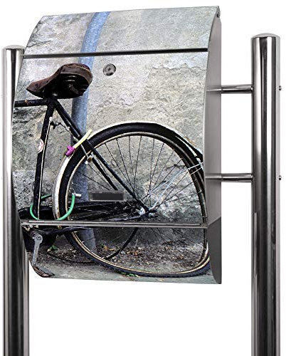 banjado® Standbriefkasten Edelstahl mit Zeitungsfach Motiv Nostalgie Rad / Briefkasten mit Standfuß / Edelstahl Briefkasten freistehend - A4 Einwurf inkl. 2 Schlüssel