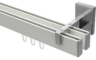 INTERDECO Innenlauf-Gardinenstange eckig 14 x 35 mm 2-läufig, kantige Innenlaufstange aus Metall, Weiß mit Chrom, zur Wandmontage, Typ 10212821, 120 cm
