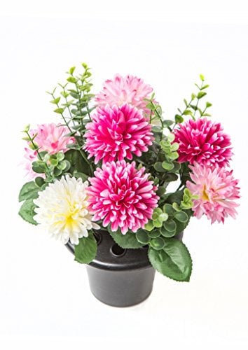 GARTHWAITE NURSERIES® : - Artificial/Silk Pink & White Pot Mum & Greenery Arrangement for Grave/CREM Pot/Table Centre