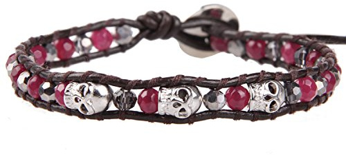 KELITCH Silbernes Totenkopf-Charm-Armband mit Achat-Kristallperlen und Lederarmband