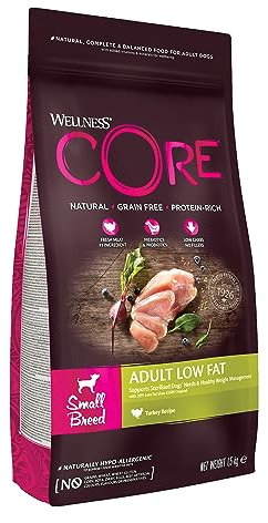 Wellness CORE Small Breed Low Fat, Hundefutter trocken für ausgewachsene Hunde kleiner Rassen, Pute, 1,5 kg, ohne Zuckerzusatz, getreidefrei, mit hohem Fleischanteil,