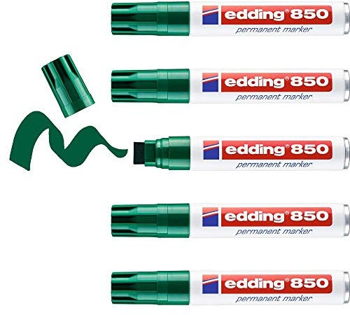 edding 850 Permanent Marker - Green - 5 pens - Chisel tip 5-15 mm - for Bold Markings -Waterproof, Quick-Drying, Smear-Proof pens - for Cardboard, Plastic, Glass, Wood, Metal and Fabric