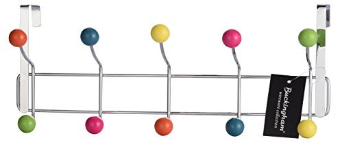 Buckingham 30009 Over The Door 10 Hook Coat Hanger with Mutli-Coloured Plastic Ball-Premium Quality, Chrome