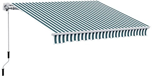 Outsunny 4 x 3 m Retractable Manual Awning, Anti-UV and Water Resistant Sun Shade Shelter with Fittings and Crank Handle, Aluminium Frame Outdoor Garden Patio Canopy, Green and White