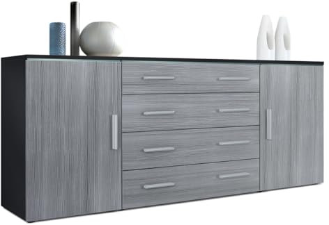 Vladon Sideboard Faro V2, Made in Germany, Kommode mit 2 Türen und 4 Schubladen, Schwarz matt/Avola-Anthrazit (166 x 72 x 35 cm)