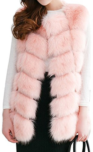 LaoZan Gilet Vest Manteau en Fausse Fourrure sans Manches pour Femmes - Rose Pâle - Large