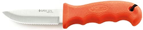 CUTCO Coltello a clip arancione modello 5719. Lama seghettata double-D® in acciaio inox ad alto tenore di carbonio, 12,5 cm, manico in resistente Kraton®. Fodero in pelle e cordino inclusi.