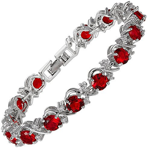 RIZILIA Round Rubis Rouge simulé and Zircone Blanche 18K Or Blanc plaqué Bracelet de Tennis, 18cm / 7inch
