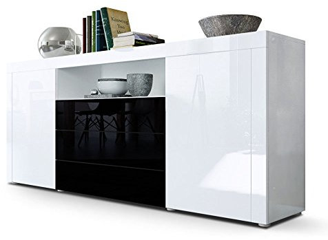 Vladon Sideboard Santiago, Made in Germany, Weiß Hochglanz/Schwarz Hochglanz - Moderne Kommode für Ihr Wohnbereich - (BxHxT) 167 x 72 x 35 cm