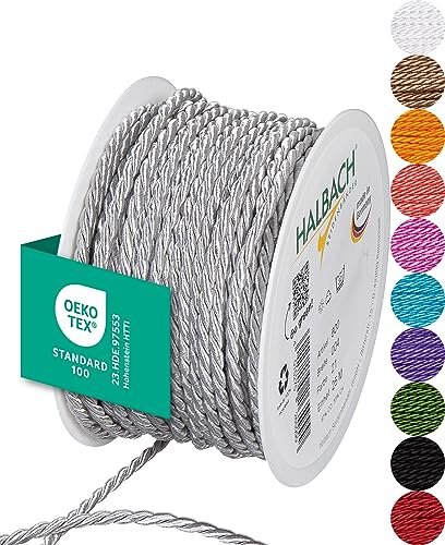 Halbach Satinkordel, 4 mm x 25 m, hellgrau | Glänzende Acetat-Kordel, Made in Germany und Öko-Tex 100 zertifiziert, waschbar und wetterfest, ideal für Indoor und Outdoor