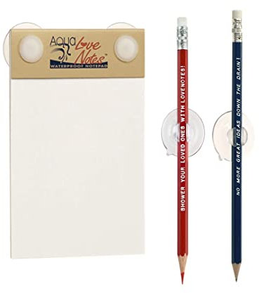Einzigartiges Papier | Wasserabweisender Notizblock für die Dusche mit Stifthalter | Ungewöhnliches und lustiges | für Männer u. Frauen | 40 anheftbare, wasserdichte Notizzettel | Aqua Love Notes - Waterproof