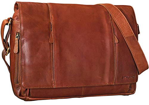 STILORD Erik Vintage Schultertasche Leder 15,6 Zoll Notebooktasche Umhängetasche Herren und Damen Unitasche Arbeit Büro Echtleder Farbe:Cognac - braun