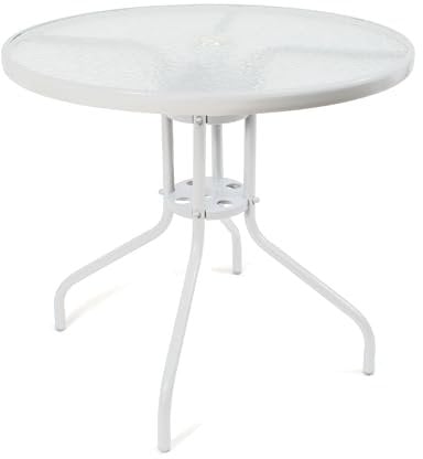 THE SECRET HOME - Mesa Redonda de Metal con Base de Cristal Texturizado - Alto. 70 cm x Diámetro. Ø60/Ø80 cm - Mesa para Jardín, Terraza, Patio o Balcón (Blanco - Ø80 cm)