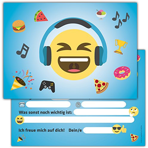 Einladungskarten Kindergeburtstag - Set mit 12 vorgeschriebenen Einladungskarten Smiley - Emoji Einladungskarten Kindergeburtstag Jungen Mädchen