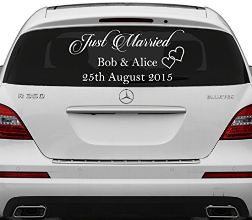 60 x 30 cm), con scritta Just Married, decalcomania in vinile, cover personalizzata con nomi data & Write Your Wedding Day , per auto-adesiva per finestre, in confezione regalo, colori assortiti