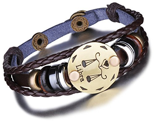 Unendlich U Infinite U Retro Multi-Row Twelve Signs of the Zodiac Libra Alloy and Leather Dark Brown Braided Bracelet for Women Men One Size Leather Without Stone, One Size, Leather, without stone