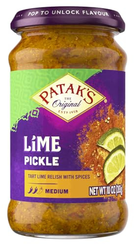 Patak’s Medium Lime Pickle - Authentic Indian Pickle Relish w/Lime Dices, Mustard Seeds & Aromatic Spices - Perfect for Sandwiches, Curries & Cold Meats - Indian Pickle - 10oz Jar (Pack of 1)