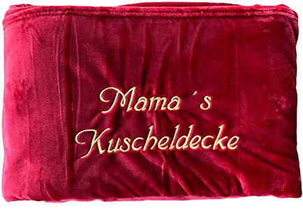 Krings Fashion Kuscheldecke XXL - 180 x 220 cm - Individuell anpassbar Bestickt mit Namen und Text - Hochwertige Decke - Tagesdecke - Farbe Rot - Stickfarbe wählbar