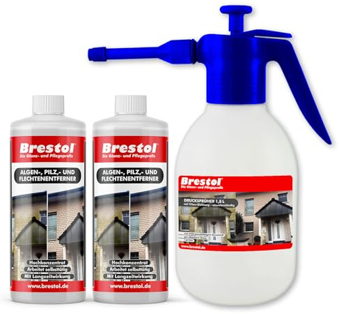 BRESTOL® Algenentferner Pilzentferner Flechtenentferner 2x 1000 ml Konzentrat + 1,8 Liter Drucksprüher säurebeständig - Grünbelagsentferner Grünbelagentferner