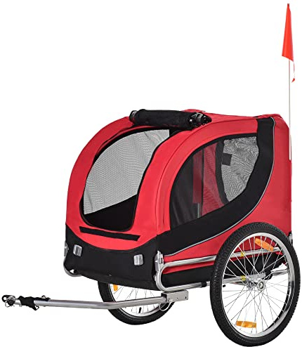 PawHut Remolque Bicicleta Perros 1 Bandera 130x73x90 cm Rojo Negro | Mascota, 8 Reflectores, Remolque Bici