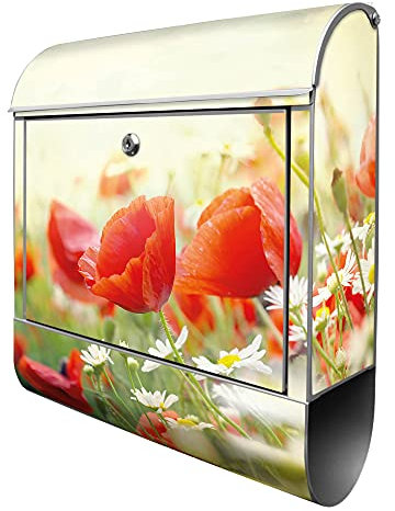 banjado® Design Briefkasten mit Kamille Und Mohn 38,5x46,5x13cm & 2 Schlüssel - Briefkasten Stahl Silber mit Zeitungsfach pulverbeschichtet - Postkasten A4 Einwurf inkl. Montagematerial