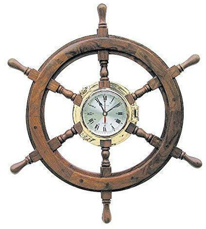 linoows Große Bullaugen Uhr, Marine Wanduhr im Steuerrad, Steuerrad Uhr Messing und Holz