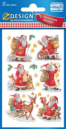 AVERY Zweckform 12 Aufkleber Weihnachten Weihnachtsmann (Made in Germany, Nikolaus, Weihnachtssticker glitzernd aus Papier, selbstklebende Weihnachtsdeko Karten, Geschenke) 2 Bogen/je 6 Sticker, 52402