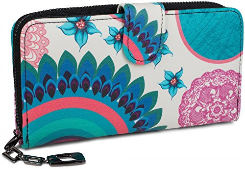 styleBREAKER Damen Geldbörse mit Buntem Blumen Blüten Mandala Muster, Ethno Style, Reißverschluss, Portemonnaie 02040040, Farbe:Weiß-Türkis-Blau